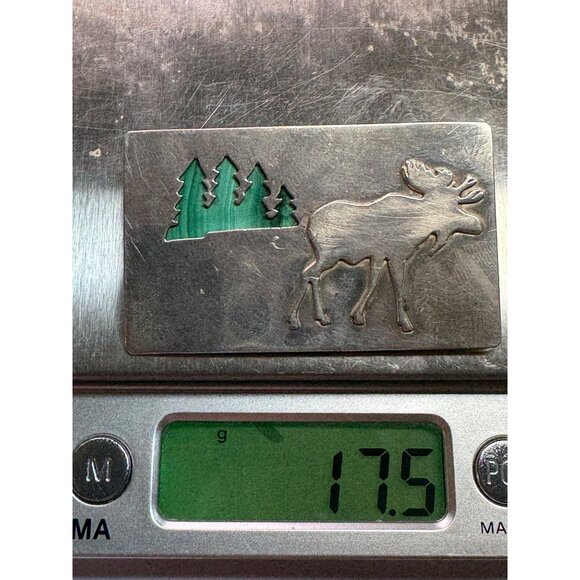 Estate Sterling Silver Moose & Pine Tree Malachite Inlay Rectangular Brooch Pin - Picture 8 of 8